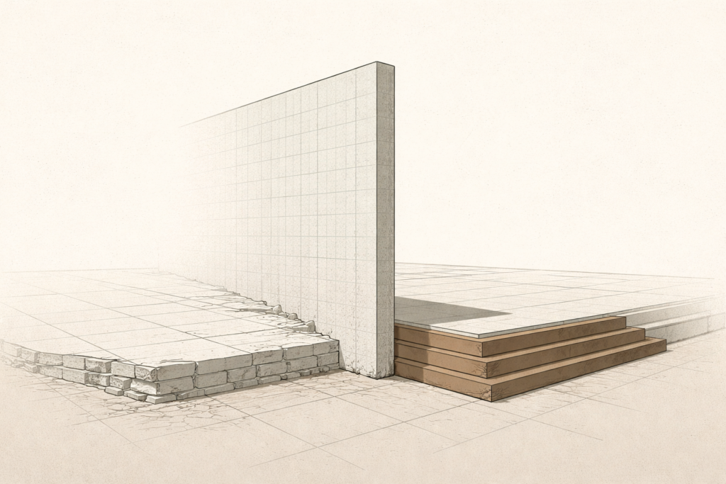 Minimalist architectural illustration showing four structural frameworks progressing across eras to represent the shift from Freedmen to African American identity and the evolution of institutional power.