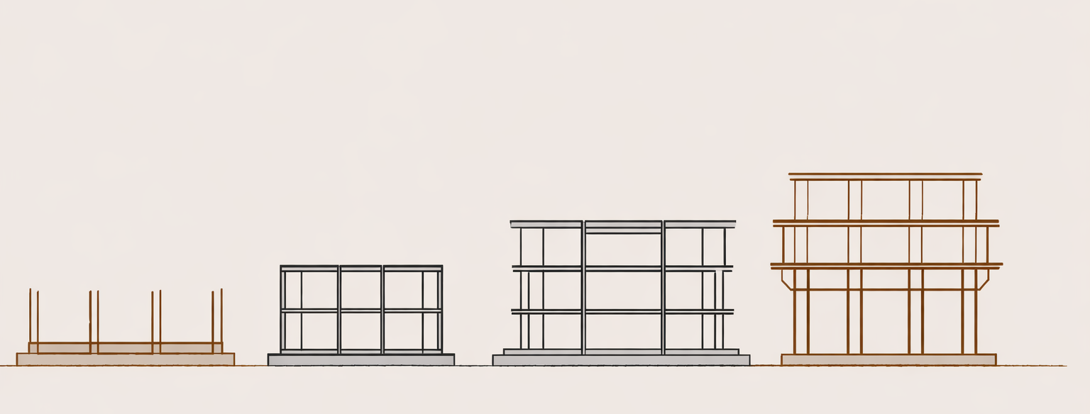 Minimalist architectural illustration showing four structural frameworks progressing left to right, representing shifts from Freedmen to African American identity and how naming eras altered institutional structure and power.