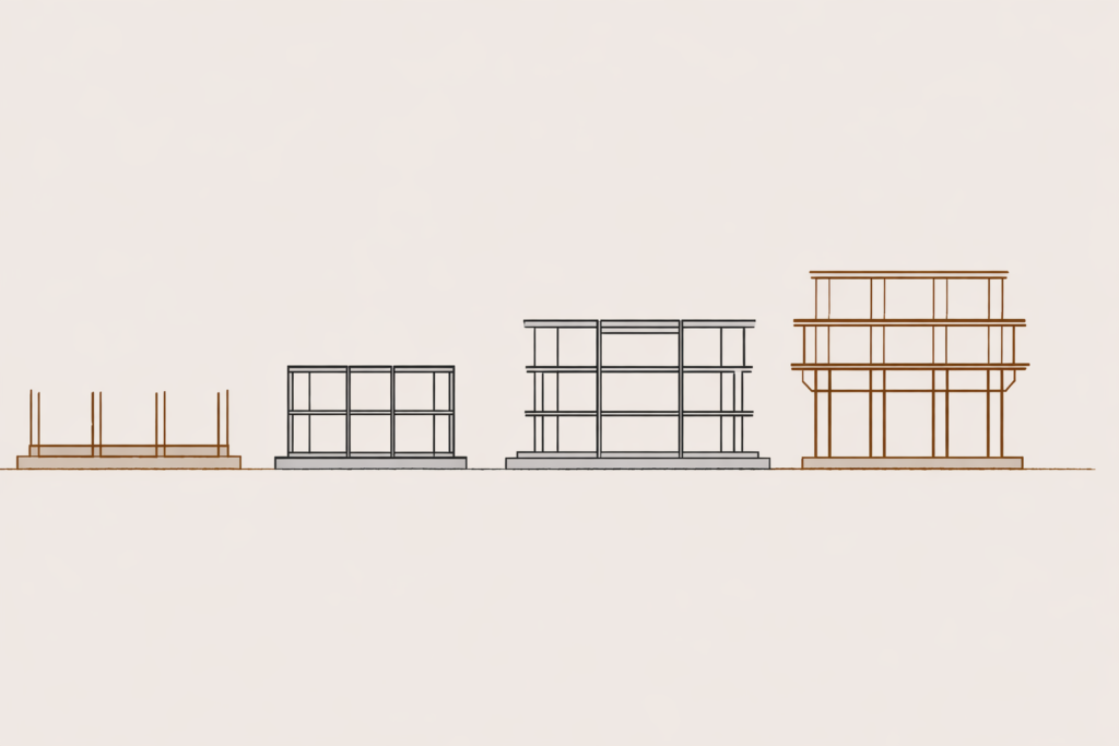 Minimalist architectural illustration showing four structural frameworks progressing left to right, representing shifts in Black identity labels from Reconstruction through modern ethnic framing, with reinforced beams and evolving institutional structure.