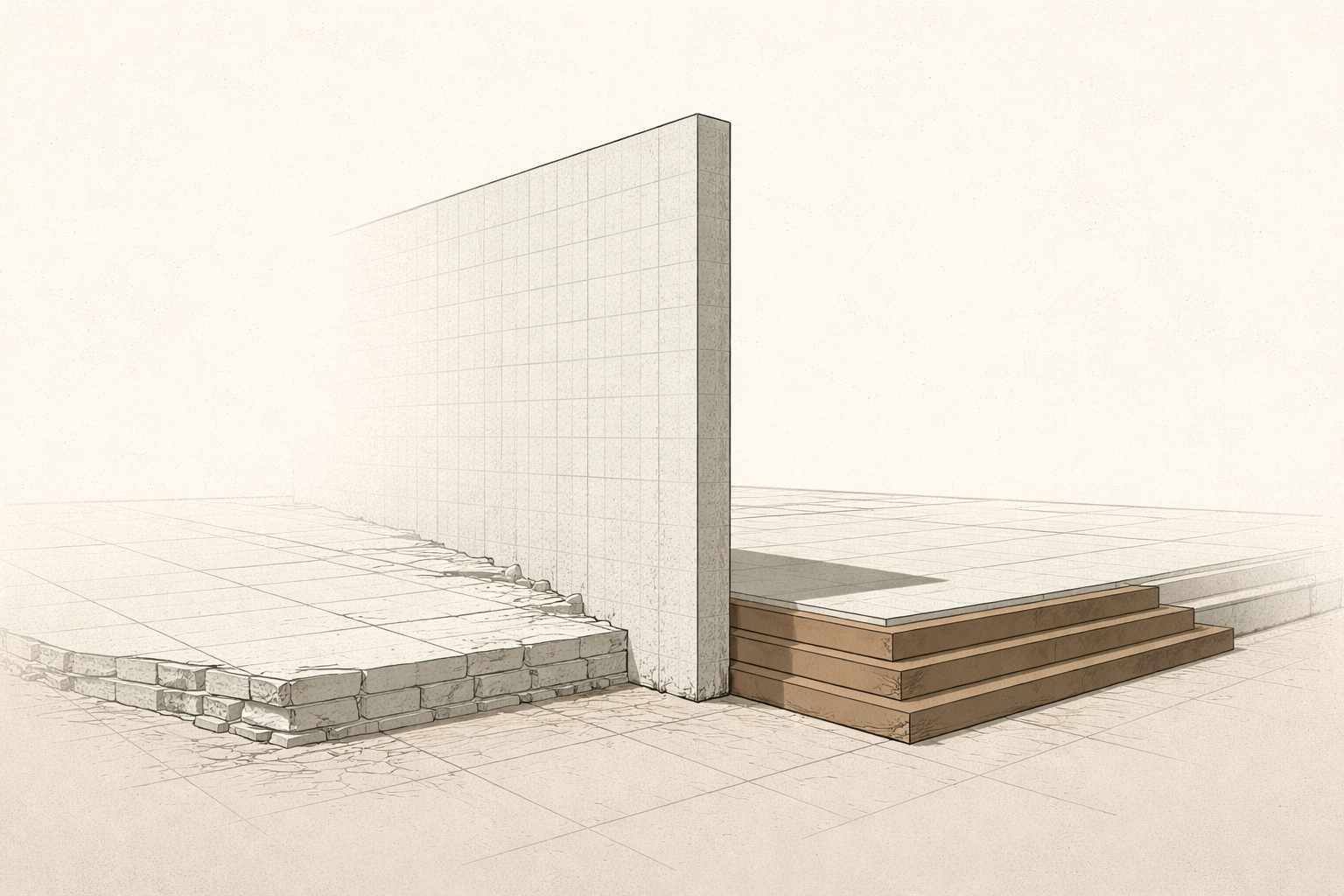 Minimalist architectural illustration of the 1870 Wall dividing a fragmented foundation from a reinforced foundation, symbolizing genealogical rupture and rebuilt lineage records.