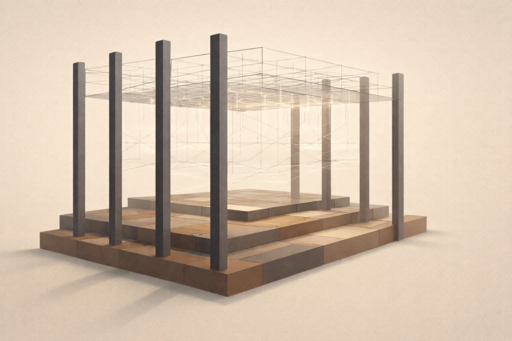 Abstract architectural illustration showing structural beams supporting a digital grid, symbolizing governance as foundational infrastructure.