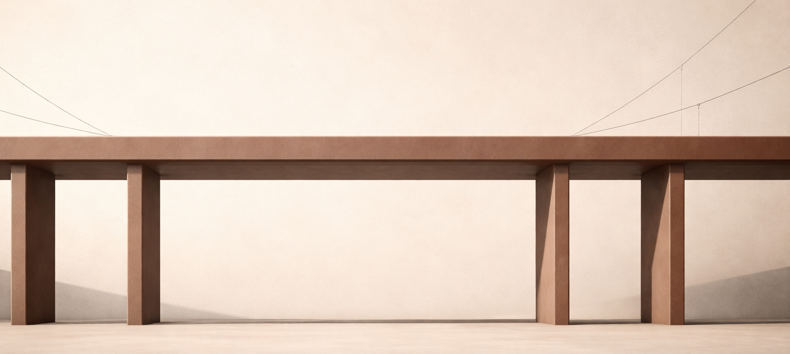 Ultra-wide minimalist architectural banner representing digital colonialism and surveillance infrastructure with structural beams and negative space.