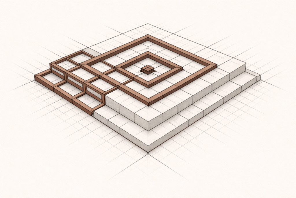 Minimalist architectural grid with uneven structural reinforcement under pressure, showing internal clay-brown supports added to compensate for flawed original design.