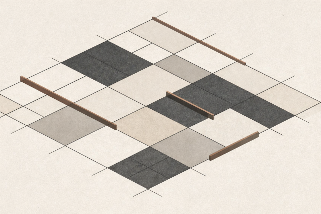 Minimalist top-down architectural grid showing alternating load and recovery zones with clay-brown reinforcement beams illustrating disciplined capacity cycling.