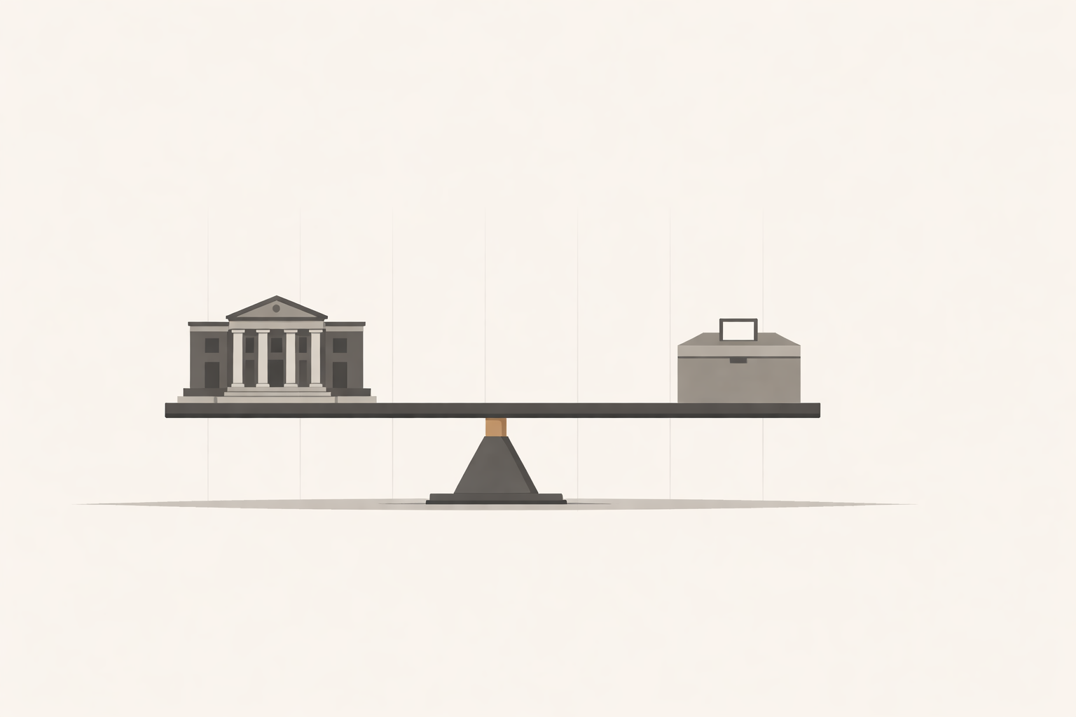 Minimalist architectural balance scale weighing a federal building silhouette against a ballot box, representing institutional alignment over time.