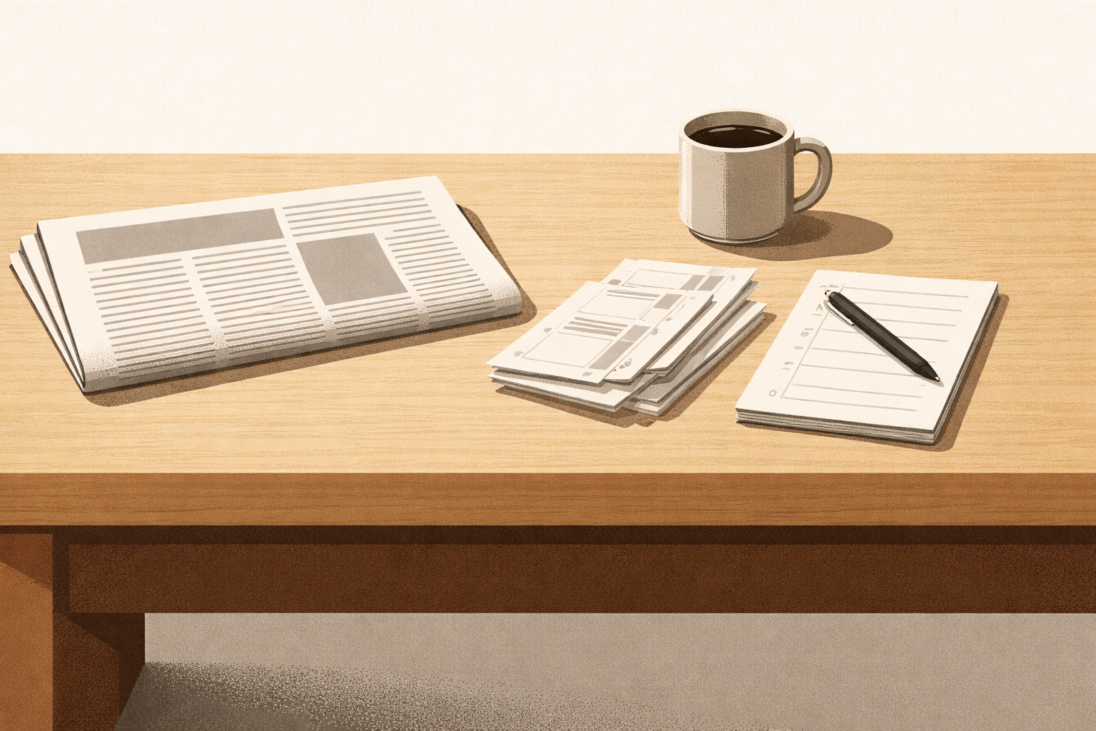 Minimalist kitchen table politics illustration with newspaper, coffee mug, unpaid bills, and notepad representing household policy consequences.