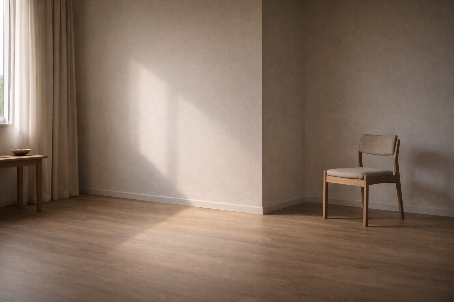 Minimalist interior with a single chair set apart in soft natural light, representing the power of pause in discernment.