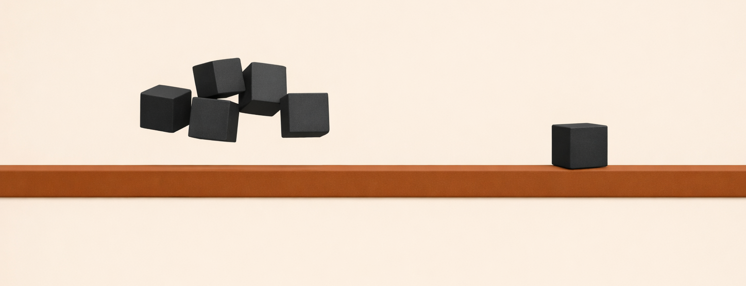 Letting go of control illustration with clay-brown beam and grounded charcoal block representing responsibility and released outcomes.