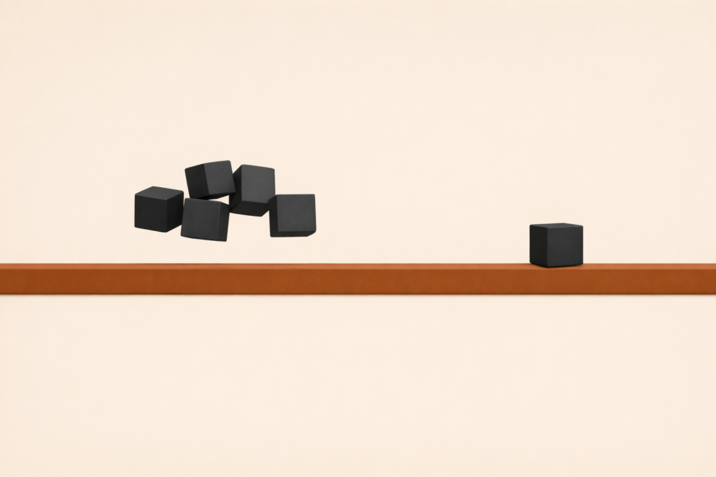 Letting go of control illustration with clay-brown beam and grounded charcoal block representing responsibility and released outcomes.