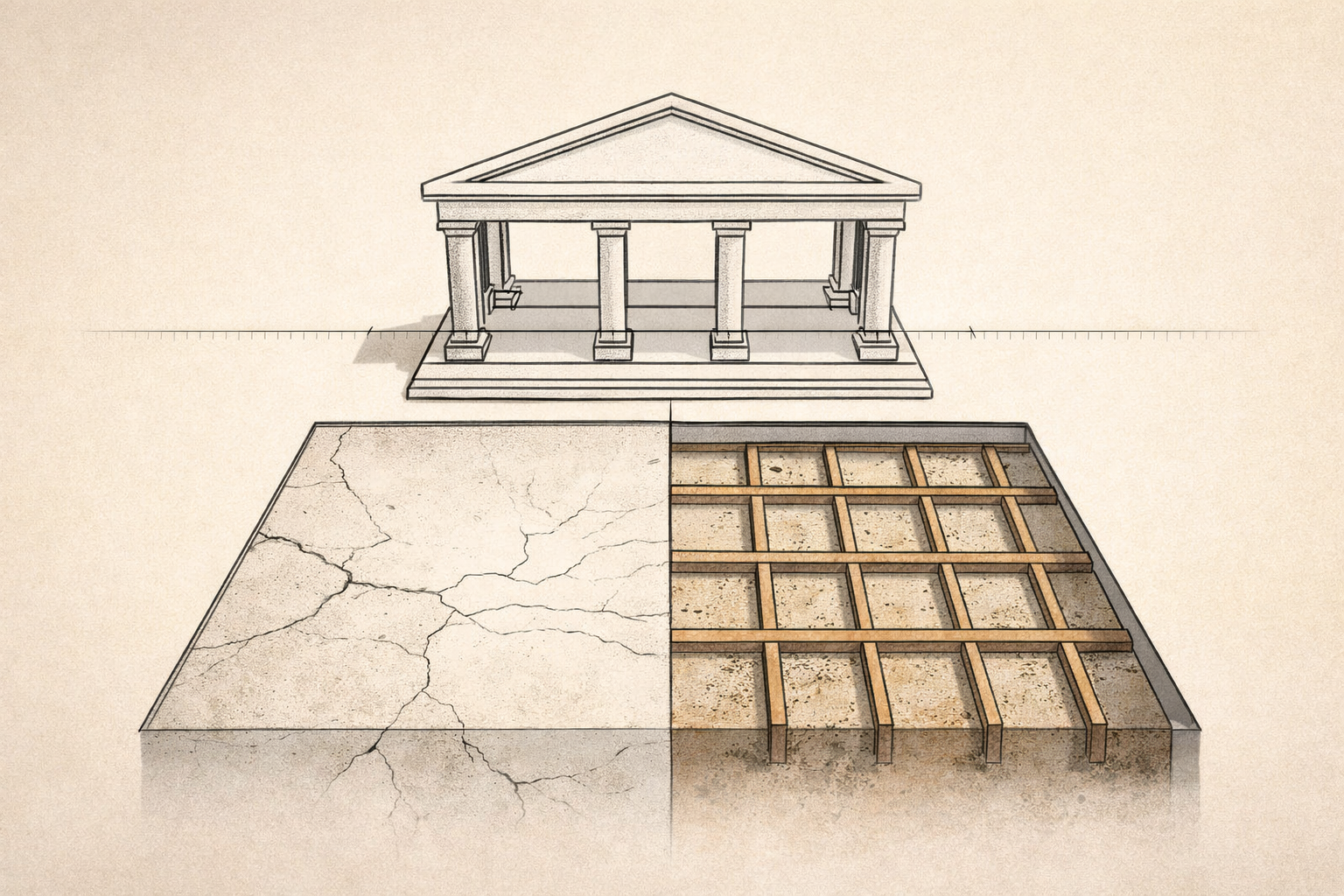Minimalist architectural illustration of a courthouse frame above segmented foundations representing lineage-based reparations constitutional scrutiny and strict scrutiny analysis.