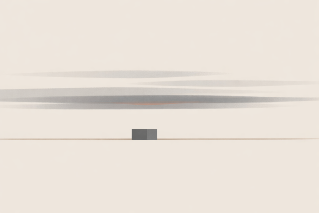 Minimalist illustration of atmospheric bands over a low horizon, representing living in forecast mode and the emotional weight of unfinished systems.