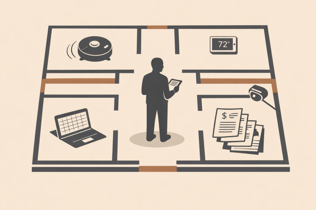 Modern stay-at-home parent as systems manager standing in a minimalist floor plan reviewing a household automation dashboard with robotic vacuum, smart thermostat, and digital subscriptions.