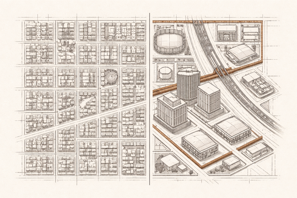 Minimalist blueprint illustration showing operating vs capital budget structure split into two civic systems with reinforced infrastructure blocks and repeating service blocks.