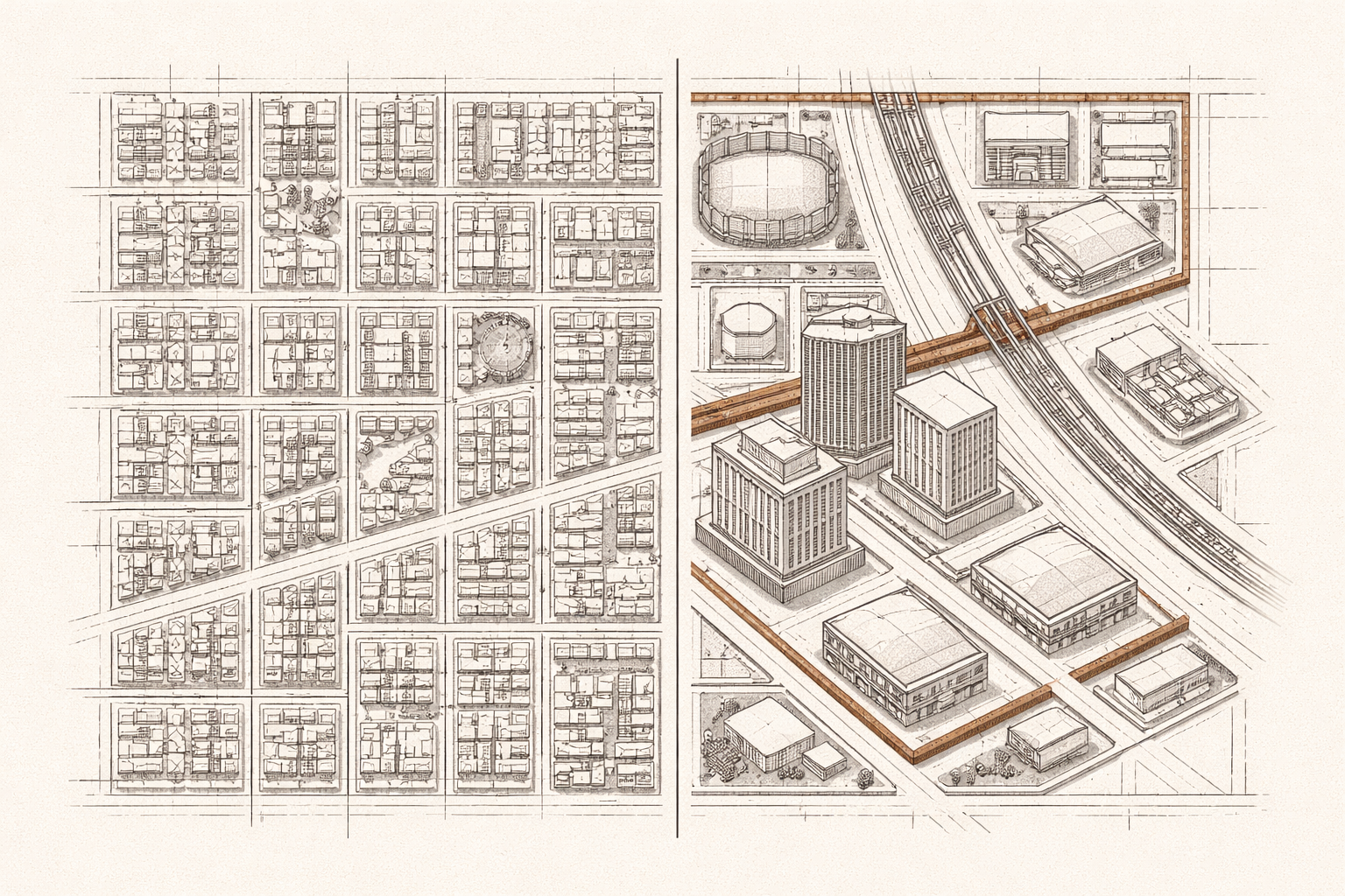 Minimalist blueprint illustration showing operating vs capital budgets split into service blocks and infrastructure blocks within a structured civic layout.