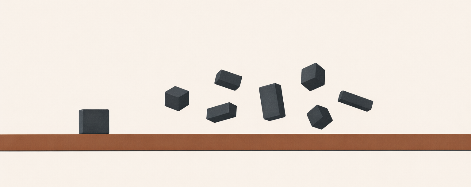 Overthinking at night illustration with clay-brown beam and one grounded charcoal block while other geometric shapes hover above, symbolizing mental shutdown and calm containment.