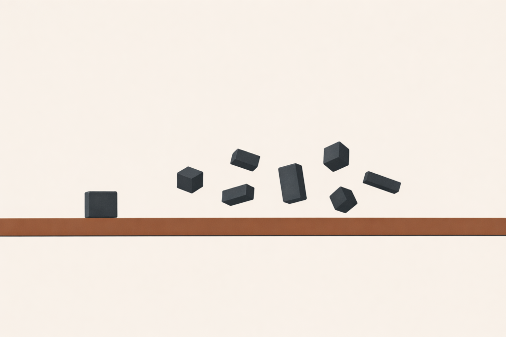 Overthinking at night illustration with clay-brown beam and one grounded charcoal block while other geometric shapes hover above, symbolizing mental shutdown and calm containment.