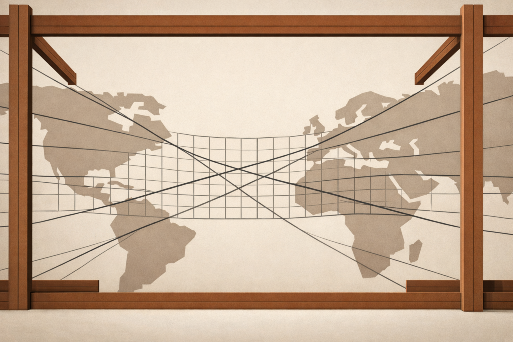 Abstract architectural illustration of cross-border digital grid under regulatory pressure, symbolizing platform liability and surveillance content design.