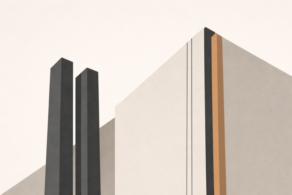 Minimalist architectural structure with vertical lines conveying stability and quiet authority.