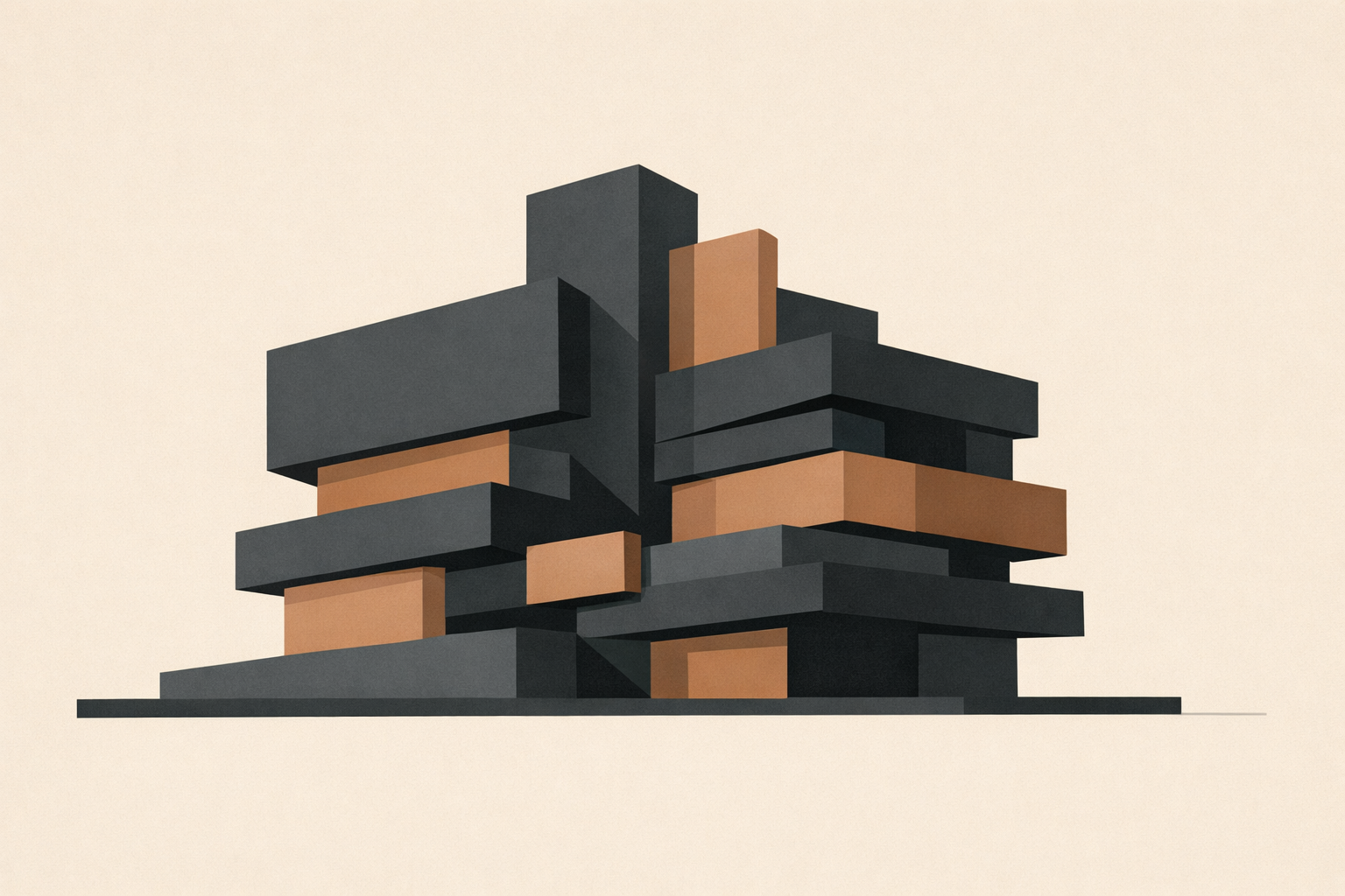 Presence vs performance online shown as a minimalist architectural structure with layered panels that appear aligned at first but reveal instability on closer inspection.