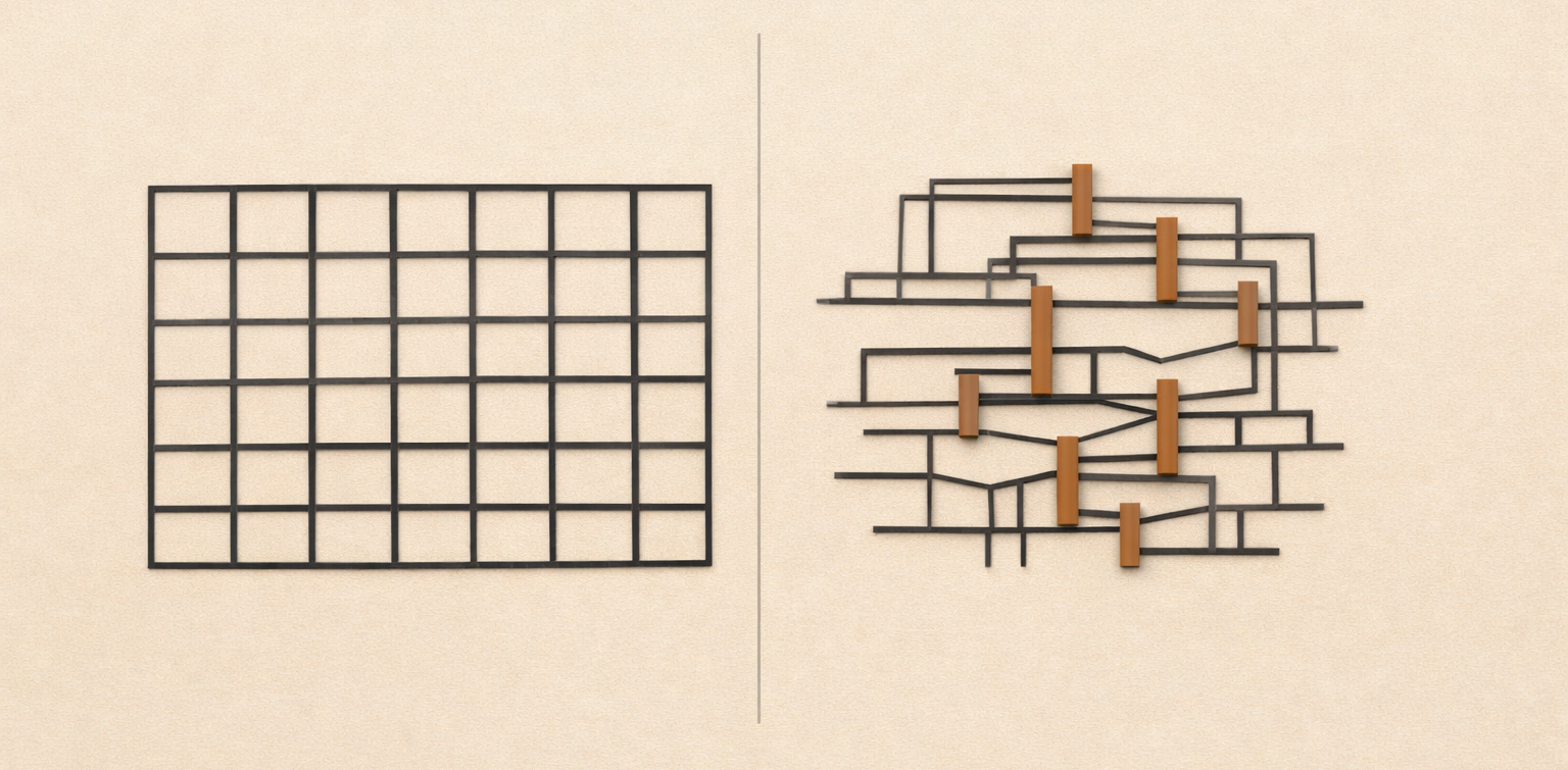 Race vs ethnicity in Black identity politics shown as two parallel architectural frameworks, one broad grid for race and one lineage-based structure for ethnicity.