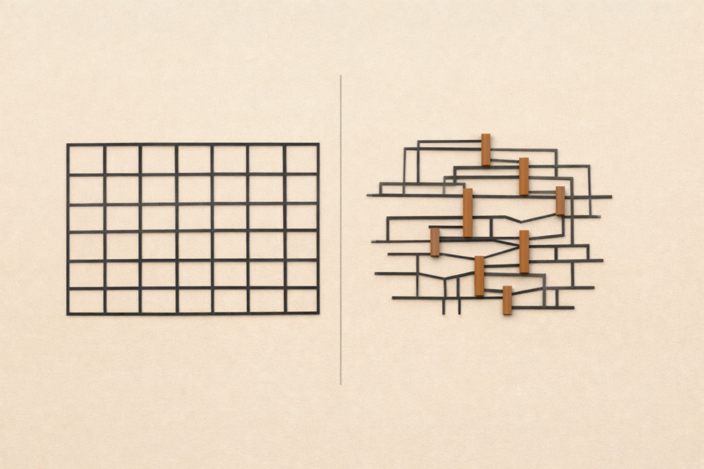 Top-down minimalist architectural illustration comparing race and ethnicity structures, with a broad uniform grid beside a layered lineage framework connected by generational beams.