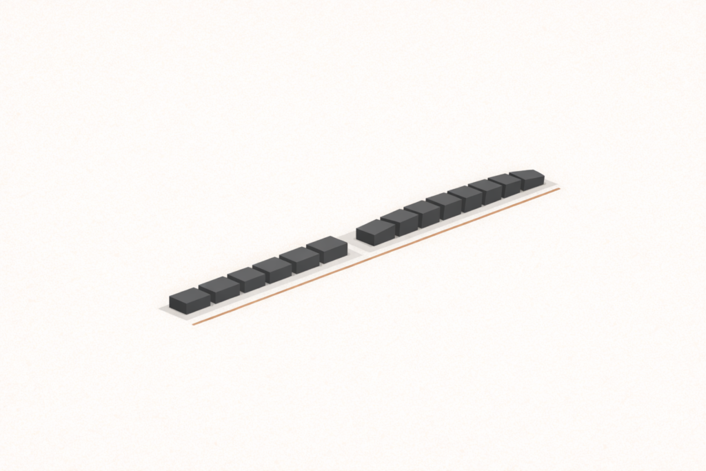 Top-down minimalist architectural illustration of a structural system extending beyond a clay-brown boundary line, with evenly spaced charcoal segments showing subtle outward strain against a warm sand background.