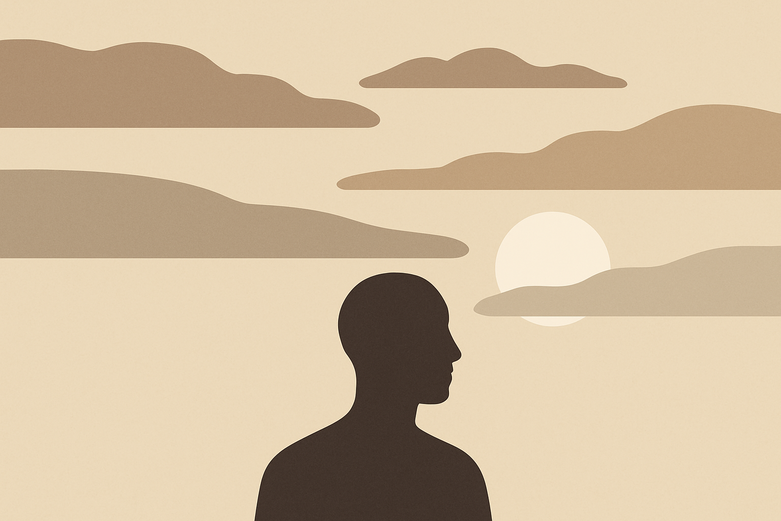 Minimalist 16 by 9 illustration showing a single human silhouette beneath layered sky bands that shift from heavy cloud cover to clearer space, symbolizing emotional climate and internal pattern recognition in warm sand, soft charcoal, and clay brown.