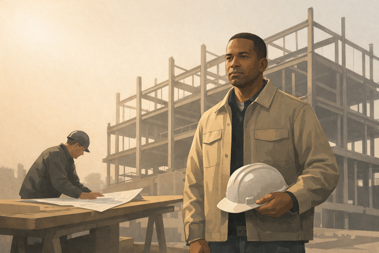 Minimalist architectural illustration of a returning citizen on a calm construction site holding a hard hat while a foreman reviews blueprints, symbolizing skilled trades training, structure, and steady reentry into work.