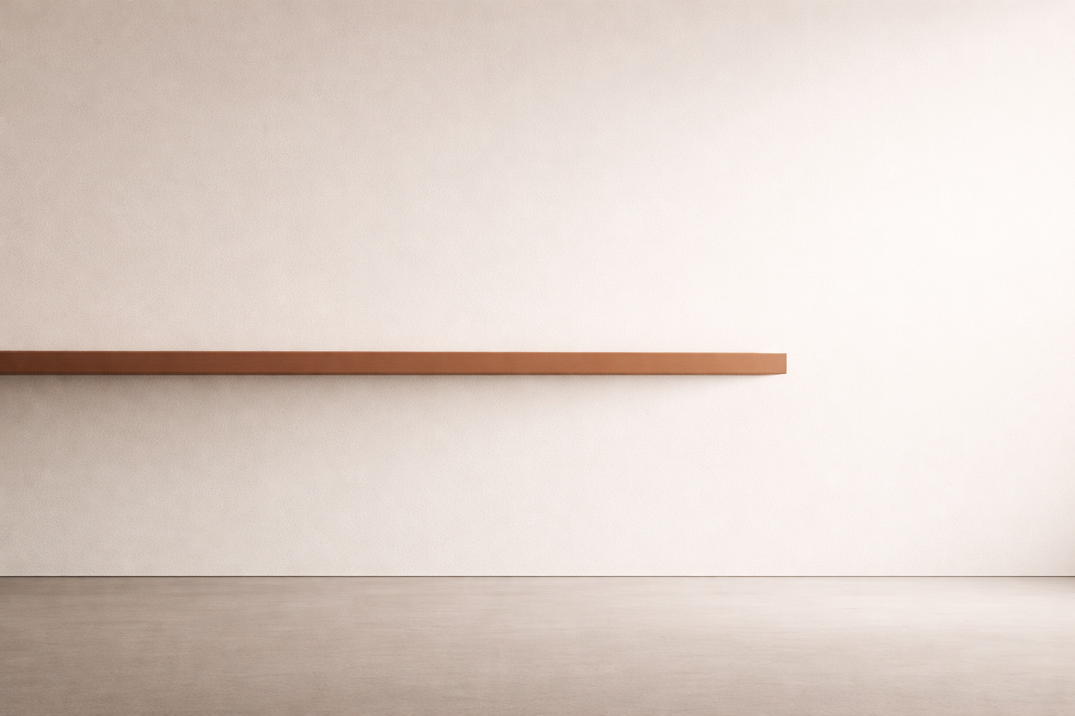 Minimalist interior in warm sand with a clay-brown horizontal beam embedded in the wall and a faint charcoal shadow above, symbolizing interior stability and disciplined introspection.