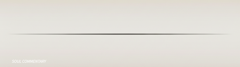 Ultra-wide minimalist Soul Commentary series banner with a warm sand field, a centered charcoal horizon line, and a grounded clay-brown base.