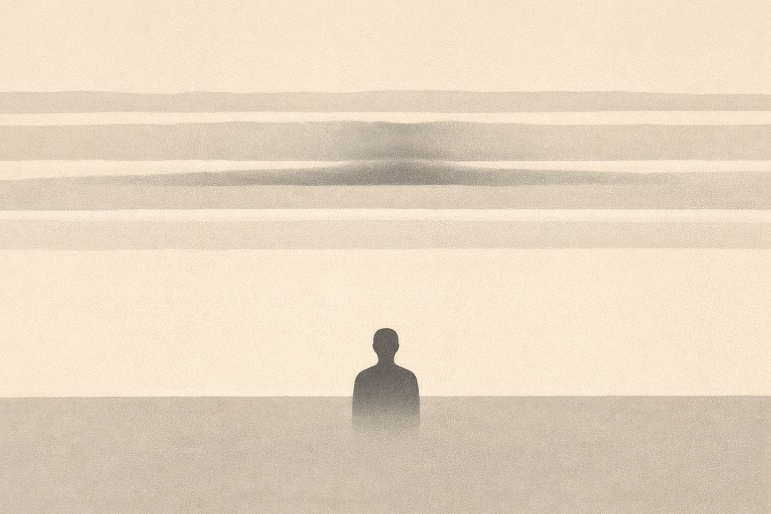 Minimalist illustration showing a human silhouette beneath calm sky bands with faint lingering compression, representing emotional pressure after a storm.