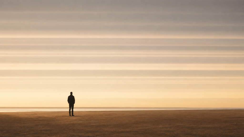 Minimalist editorial illustration of a solitary figure pausing beneath balanced atmospheric layers before moving forward, representing careful decision-making guided by emotional awareness and internal clarity.