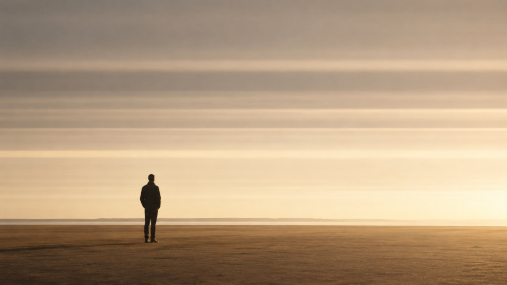 Minimalist editorial illustration of a solitary figure pausing beneath balanced atmospheric layers before moving forward, representing emotional awareness before a difficult conversation.