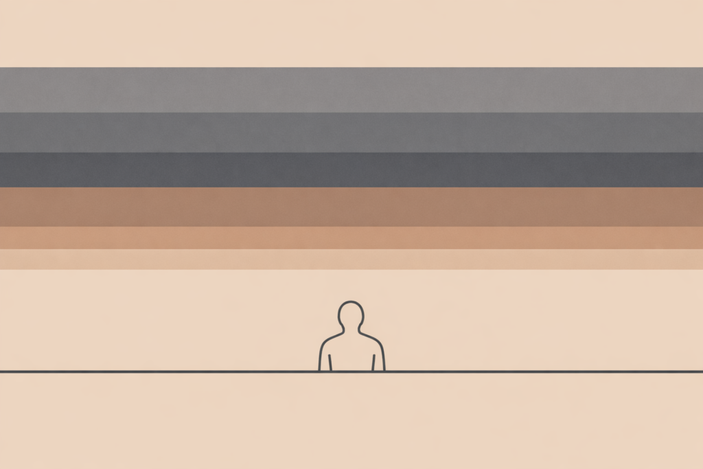 Minimalist illustration of a lone human silhouette beneath evenly layered sky bands, suggesting rising internal pressure without chaos.
