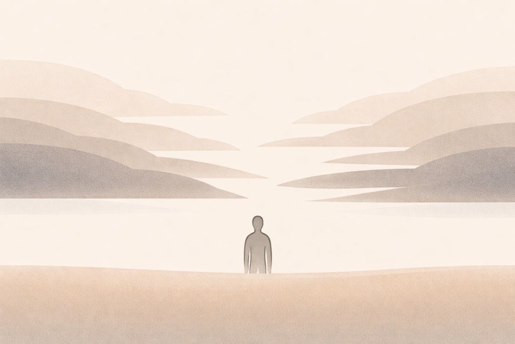 Minimalist illustration of a human silhouette beneath sky bands that gently spread apart, representing internal pressure releasing in a calm, controlled manner.