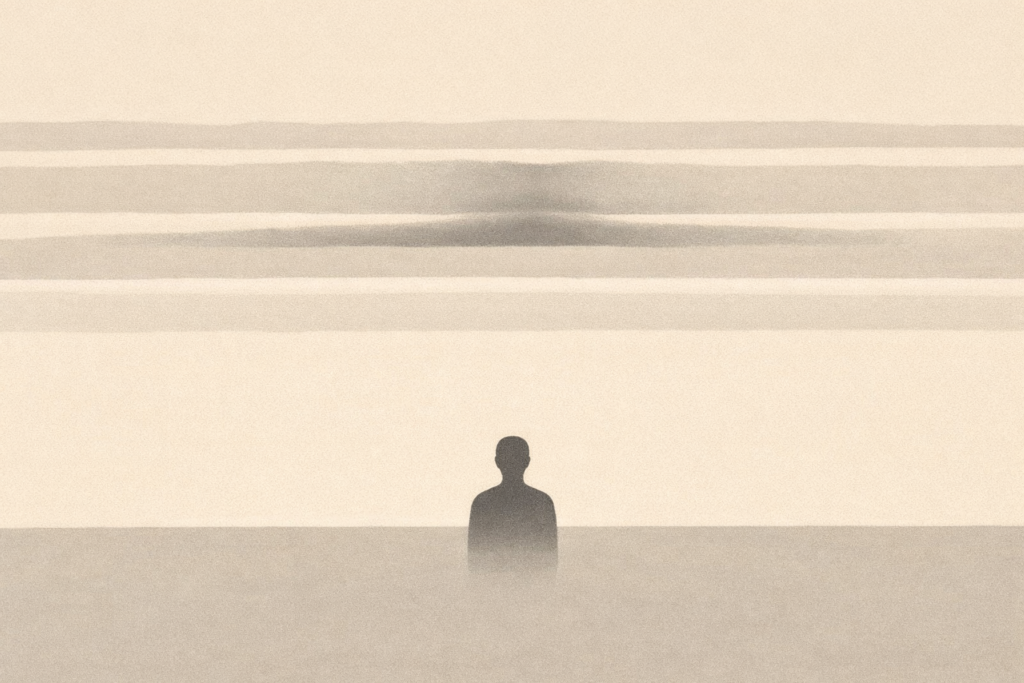 Minimalist illustration showing a human silhouette beneath calm sky bands with faint lingering compression, representing emotional pressure after a storm.