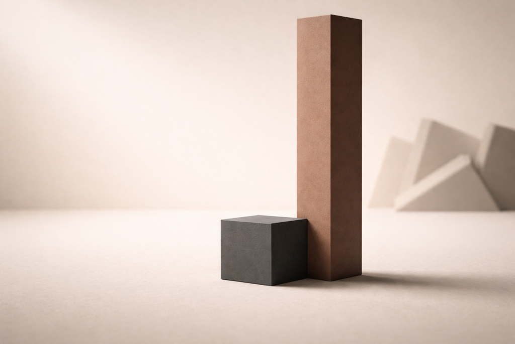 Minimalist architectural scene showing a strong clay-brown structural beam standing upright against a warm sand background, with blurred tilted charcoal shapes suggesting instability and drift.