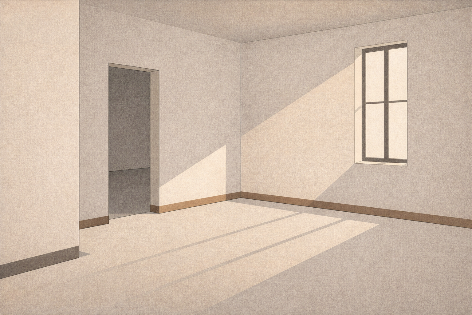 Quiet interior space held in stillness under observation, with balanced walls, doorway, and long shadows conveying attentive presence.