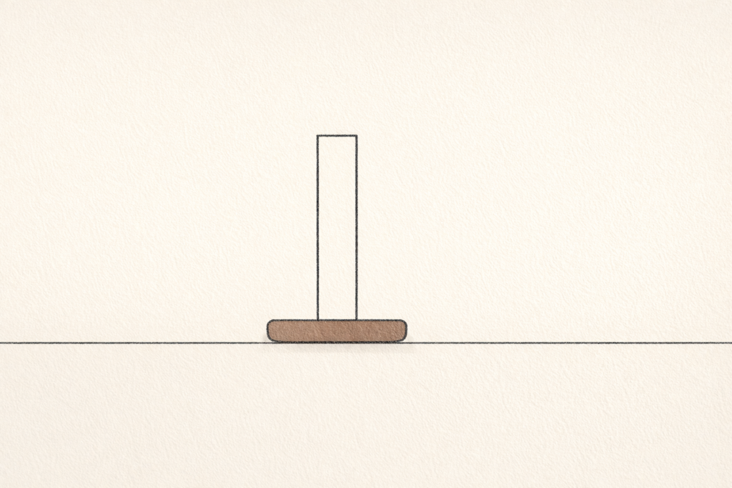 Minimalist illustration showing a single vertical form balanced on a calm horizontal base, representing stillness, restraint, and stability.