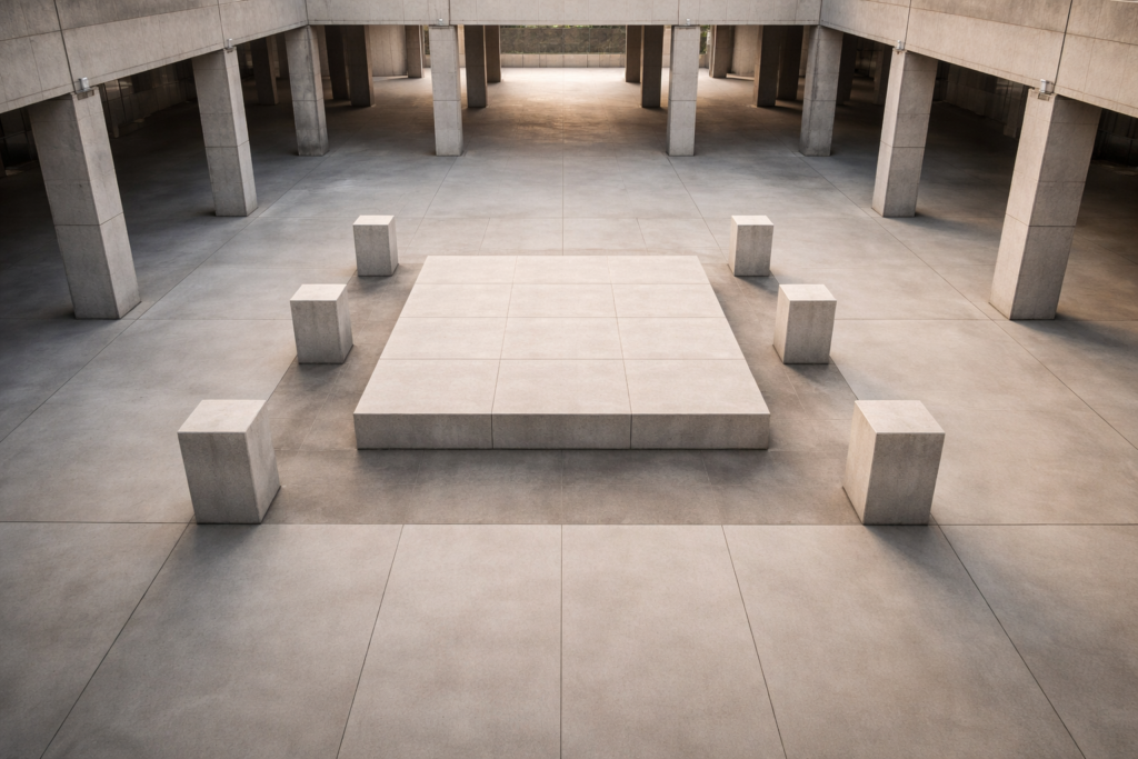 Symmetrical architectural courtyard with a central concrete platform and evenly spaced support columns, emphasizing structural margin and engineered stability.