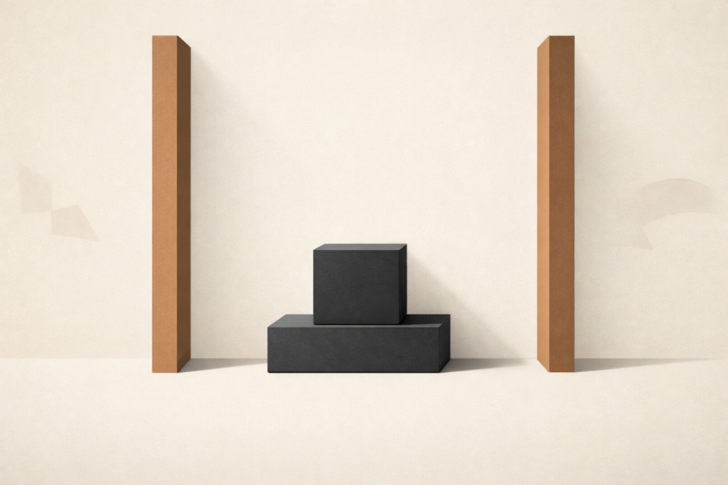 Minimalist architectural illustration showing two vertical clay-brown beams framing a centered charcoal geometric form, with fragmented shapes drifting outside the frame, symbolizing stability through relational structure.
