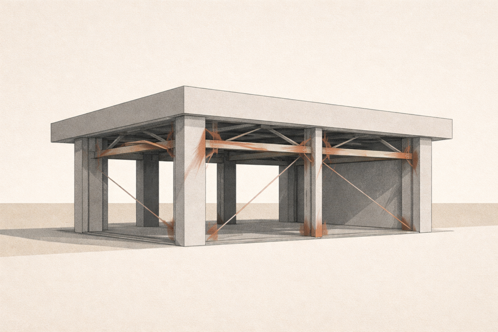 Minimalist architectural illustration showing internal structural stress, representing how the body reveals truth before conscious awareness.
