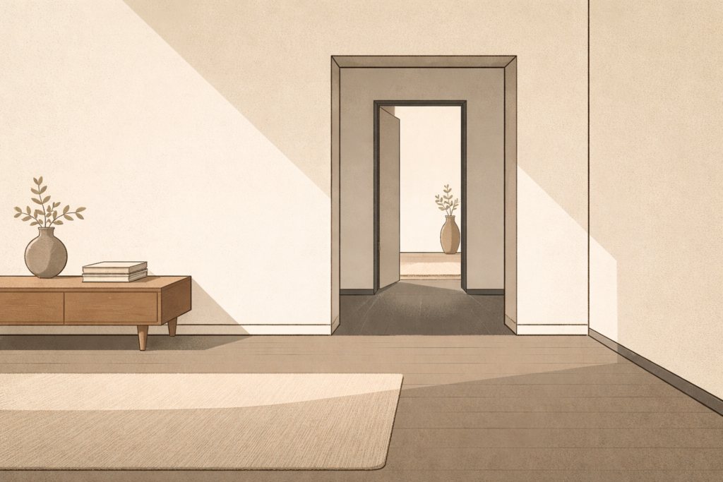 Minimalist interior space rendered in calm architectural lines, representing entering a room with stillness and awareness rather than urgency.