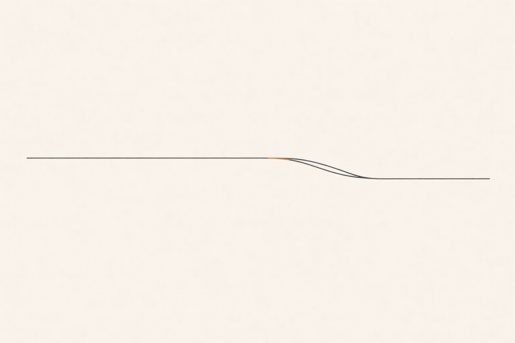 Minimalist illustration showing the expectation gap as two parallel lines diverging over time on a warm sand background.
