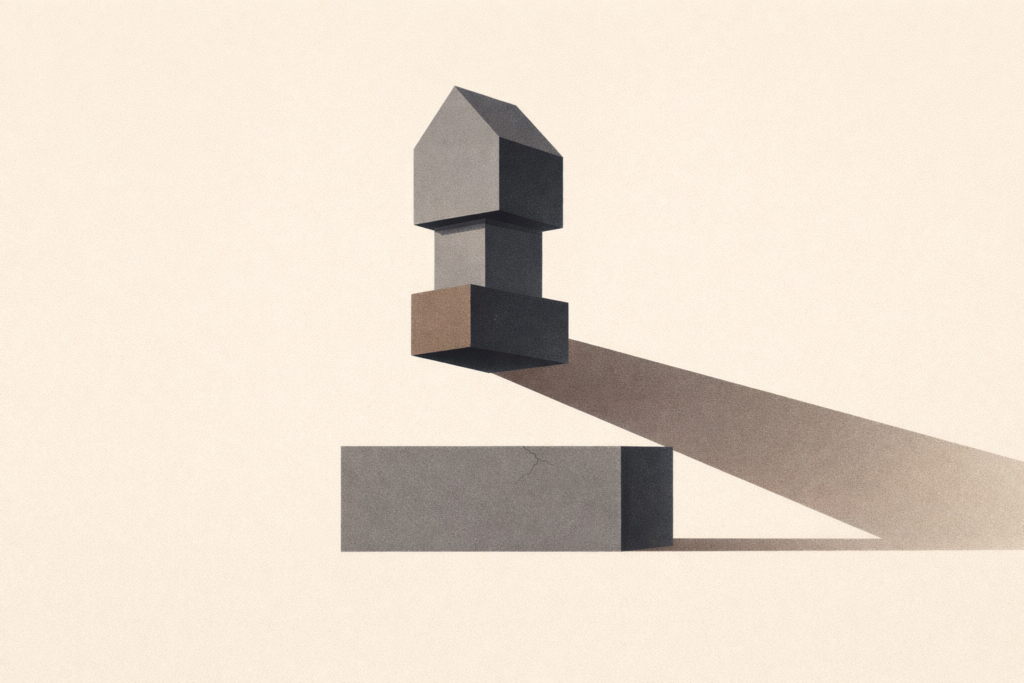 Minimalist architectural illustration of a suspended geometric form casting a long shadow over a stable foundation with a subtle crack, symbolizing the hidden cost of romantic culture on relationship stability.