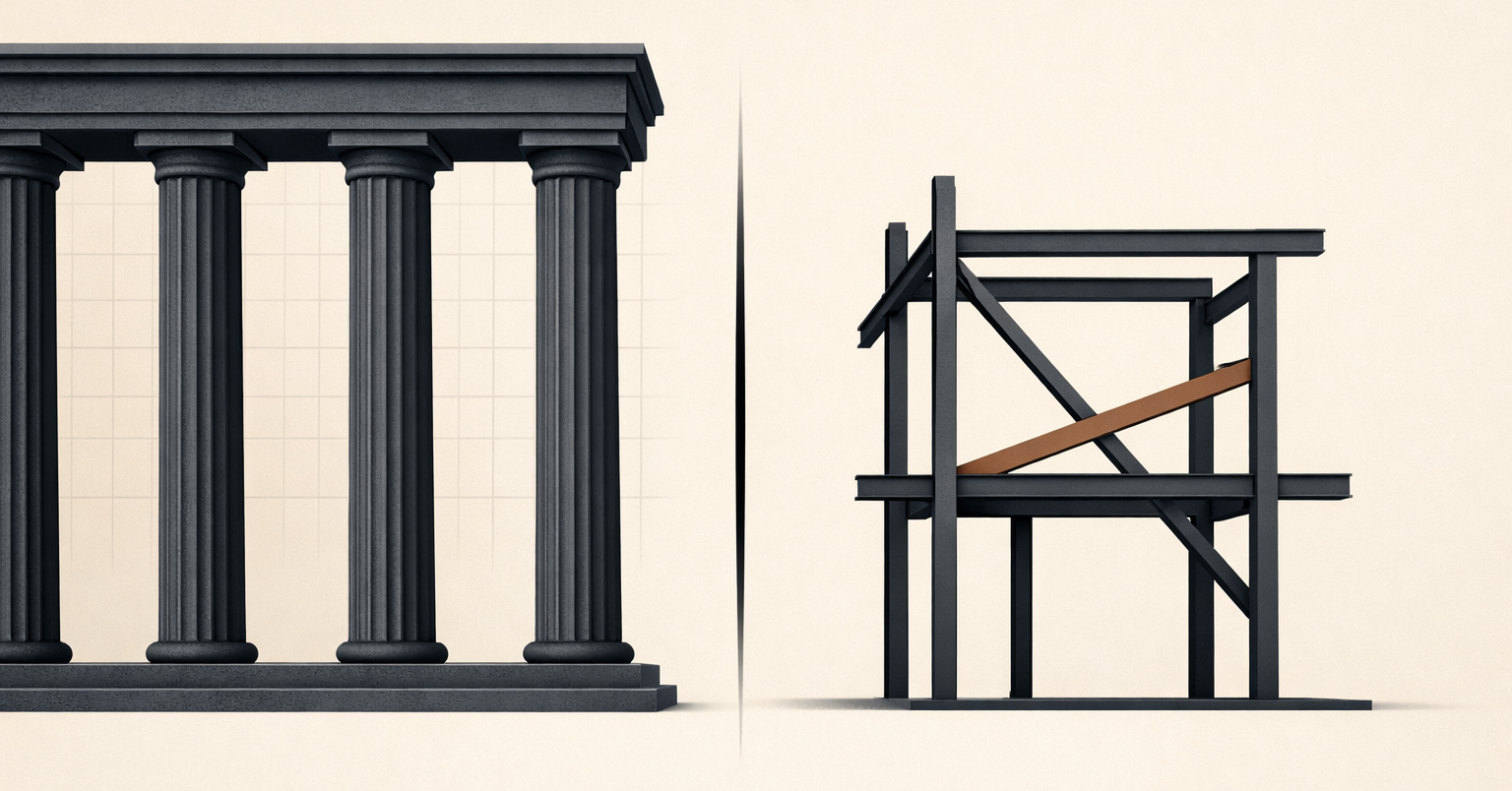Minimalist architectural illustration symbolizing black conservatism in America through structural tension between institutional protection and individual agency