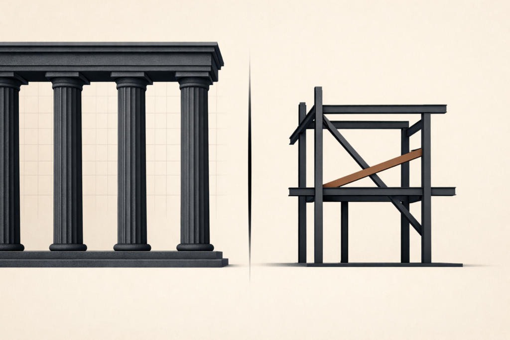 Minimalist architectural illustration showing classical institutional columns on one side and a modern steel frame on the other, separated by a narrow corridor of tension, symbolizing institutional protection and individual agency in Black conservatism.