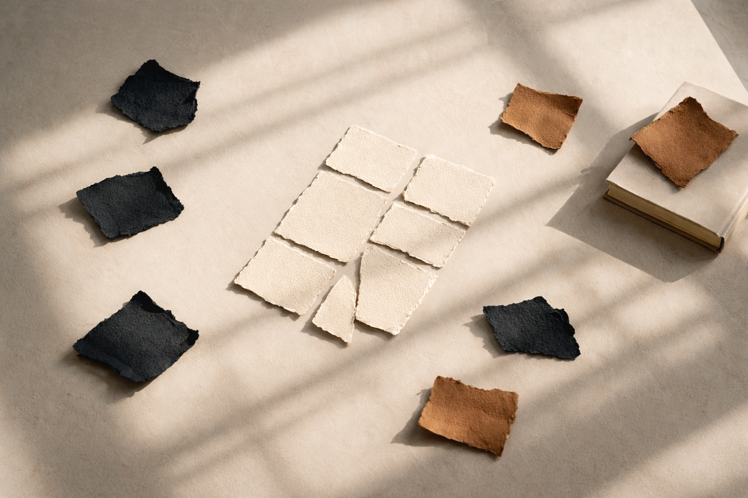 The quiet cost of narrative shortcuts illustrated through scattered paper fragments on a table, some aligned and others incomplete