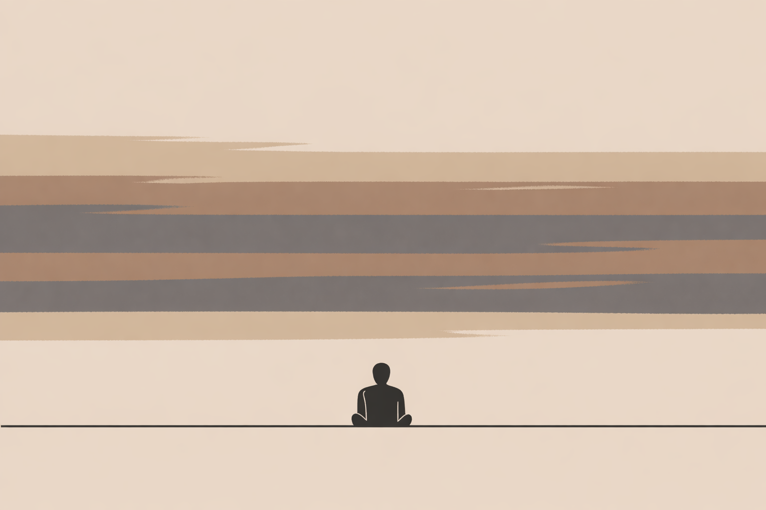 Minimalist illustration showing a human silhouette beneath evenly spaced sky bands with subtle density irregularities, representing false calm.