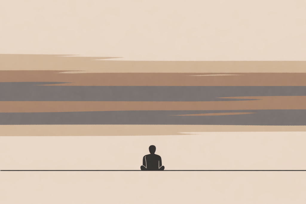 Minimalist illustration showing false calm through rigid, subtly uneven emotional layers.